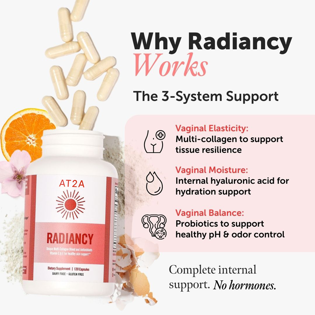 Radiancy collagen and probiotic supplement with natural lubrication, vaginal flora, skin hydration and intimacy benefits